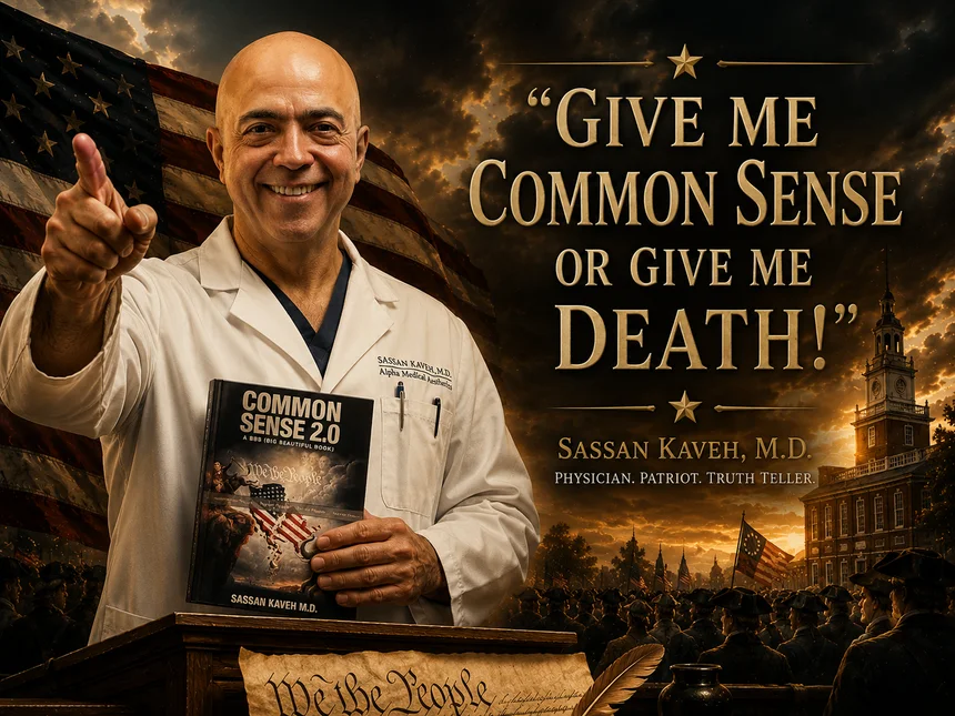 Dr. Sassan Kaveh holding Common Sense 2.0, the book inspired by Thomas Paine