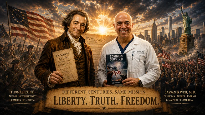 Dr. Sassan Kaveh with Thomas Paine — the inspiration for Common Sense 2.0